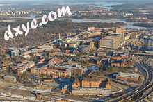 KI Campus in Solna. Karolinska University Hospital is seen in the background